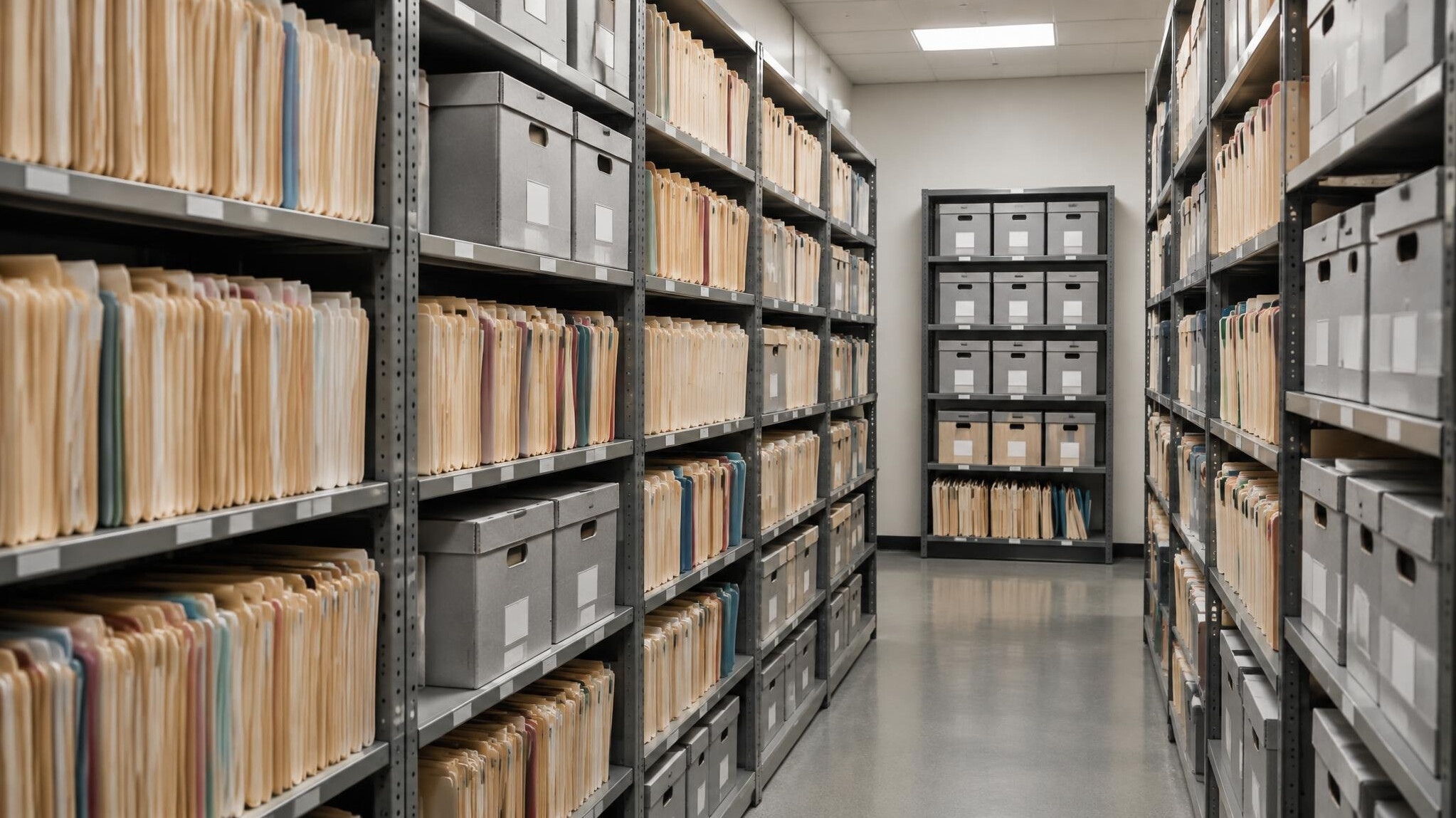 Archive shelves filled with rows of paper folders and files