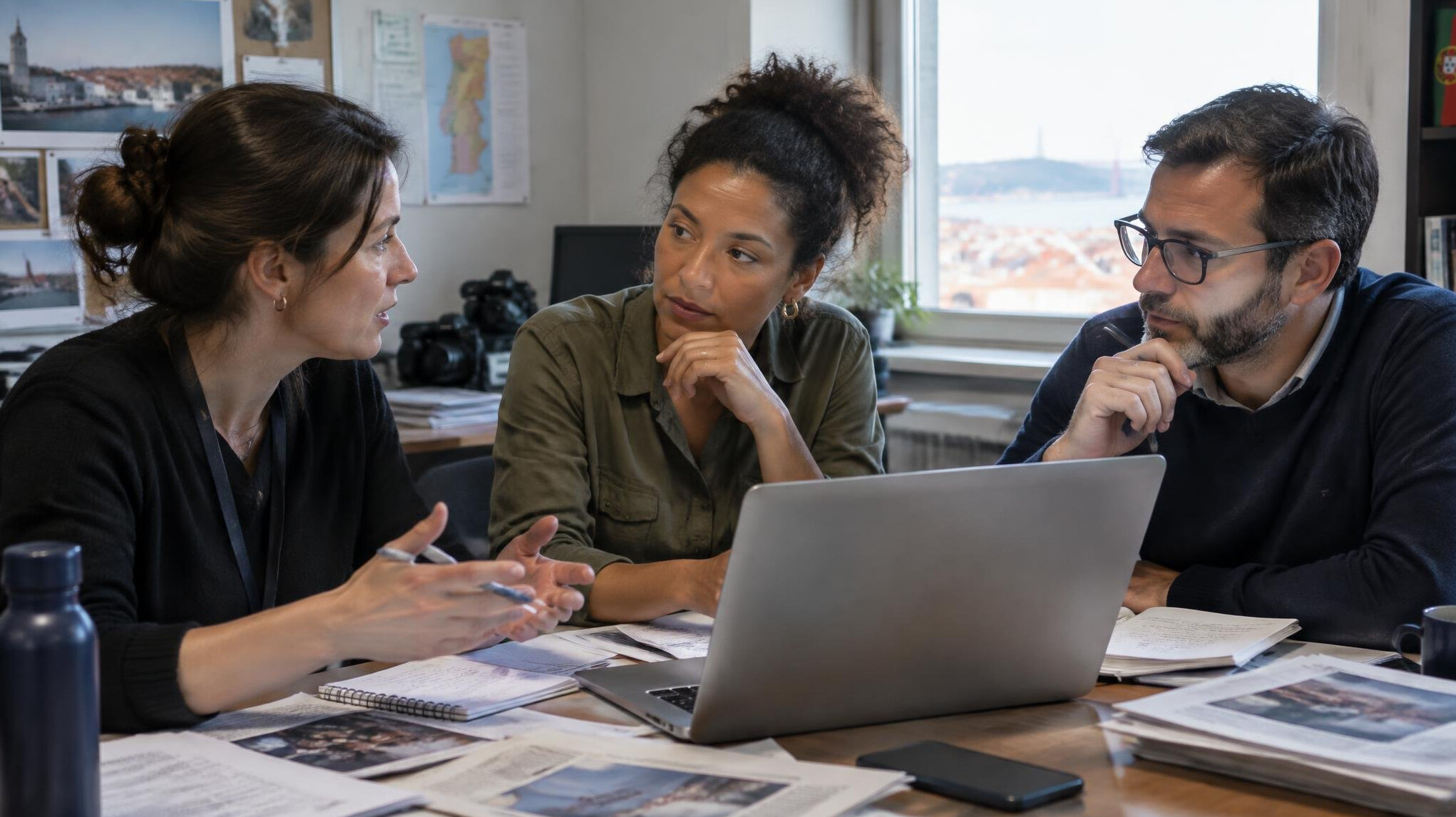 Small team of journalists discussing documents around a table