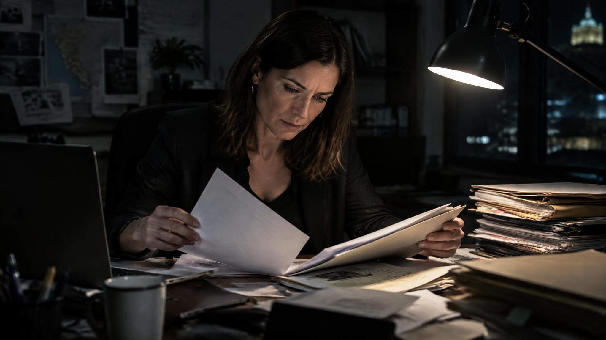 Investigative journalist reviewing documents and files at night
